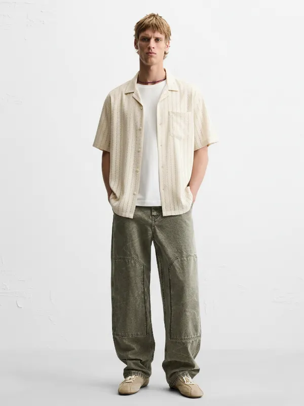 Highlander Men Beige Self Design Relaxed Fit Casual Shirt