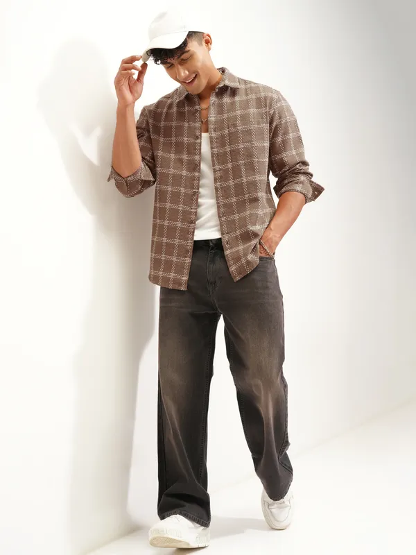 Highlander Men Brown Checked Relaxed Fit Casual Shirt