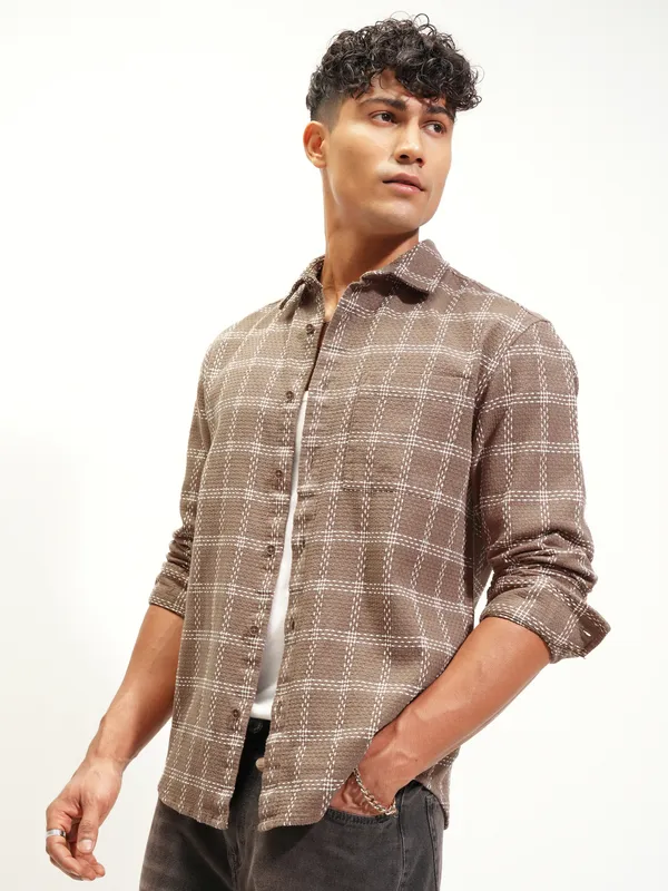 Highlander Men Brown Checked Relaxed Fit Casual Shirt