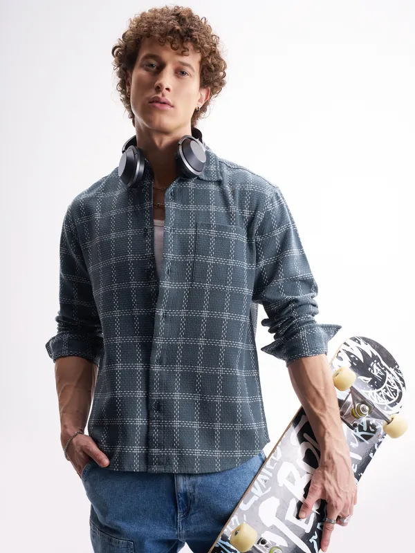 Highlander Men Blue Checked Relaxed Fit Casual Shirt