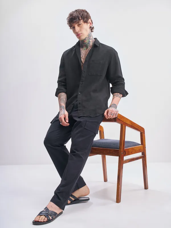 Highlander Men Black Self Design Relaxed Fit Casual Shirt