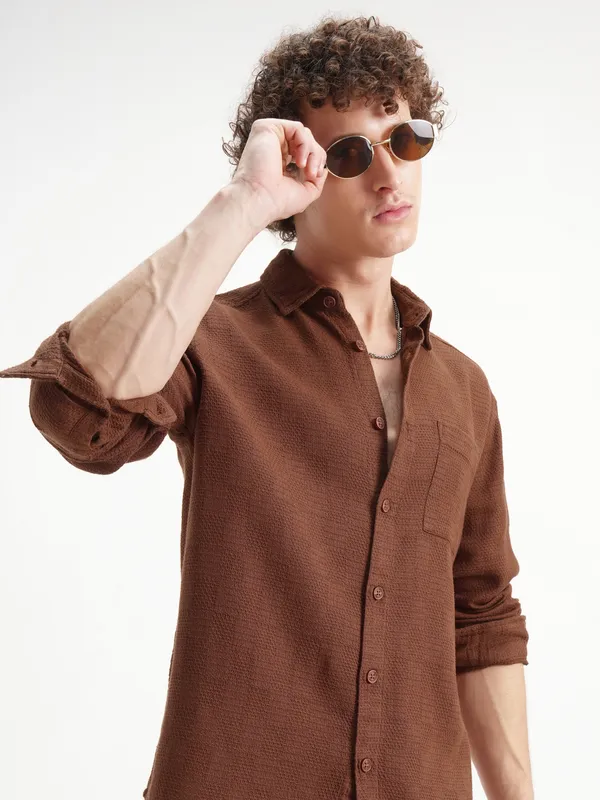 Highlander Men Brown Self Design Relaxed Fit Casual Shirt