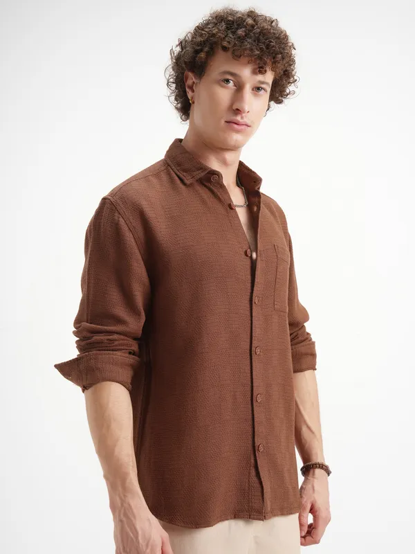 Highlander Men Brown Self Design Relaxed Fit Casual Shirt
