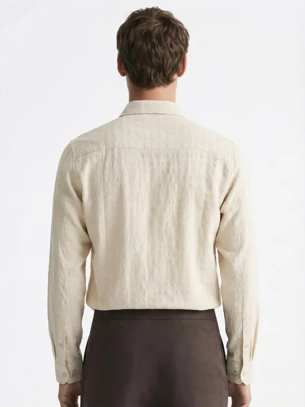 Highlander Men Cream Self Design Slim Fit Casual Shirt