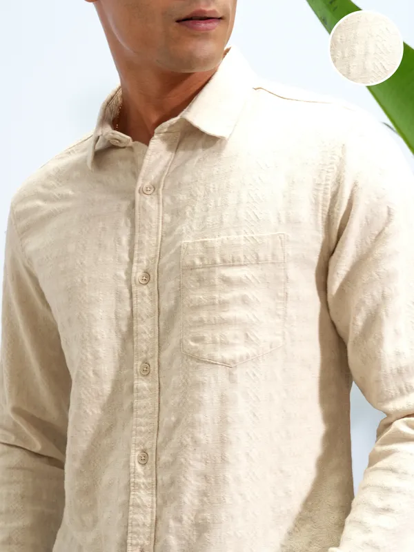 Highlander Men Beige Crushed Slim Fit Casual Shirt