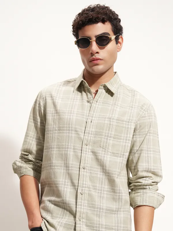 Highlander Men Olive Checked Regular Fit Casual Shirt