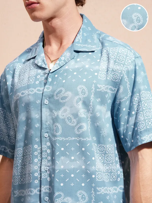 Highlander Men Blue Printed Slim Fit Casual Shirt