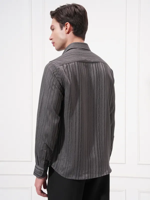 Highlander Men Grey Striped Slim Fit Casual Shirt