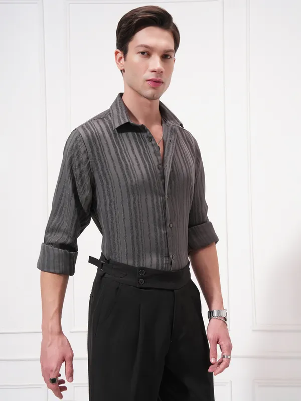 Highlander Men Grey Striped Slim Fit Casual Shirt