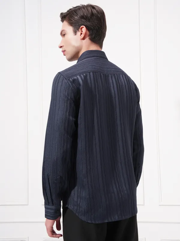 Highlander Men Navy Blue Striped Slim Fit Casual Shirt