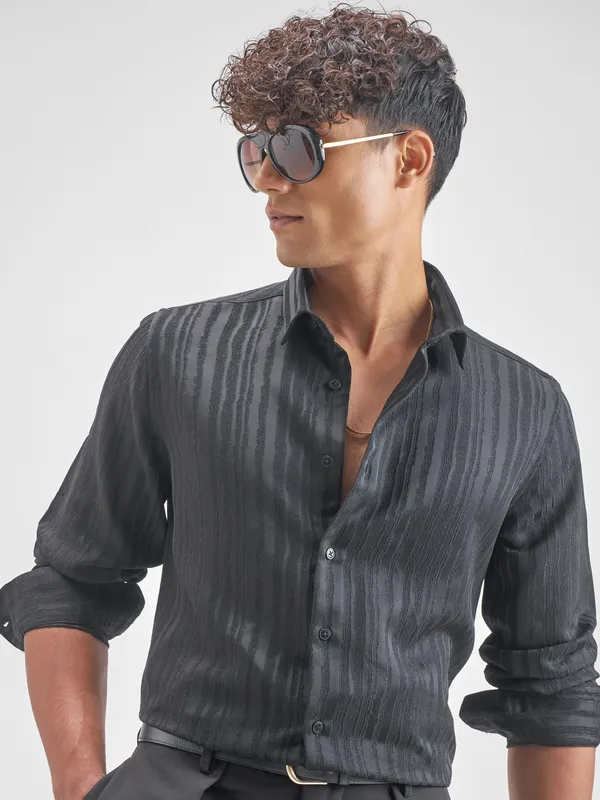 Highlander Men Black Self Design Slim Fit Casual Shirt