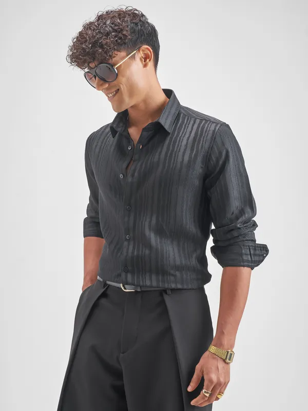 Highlander Men Black Self Design Slim Fit Casual Shirt