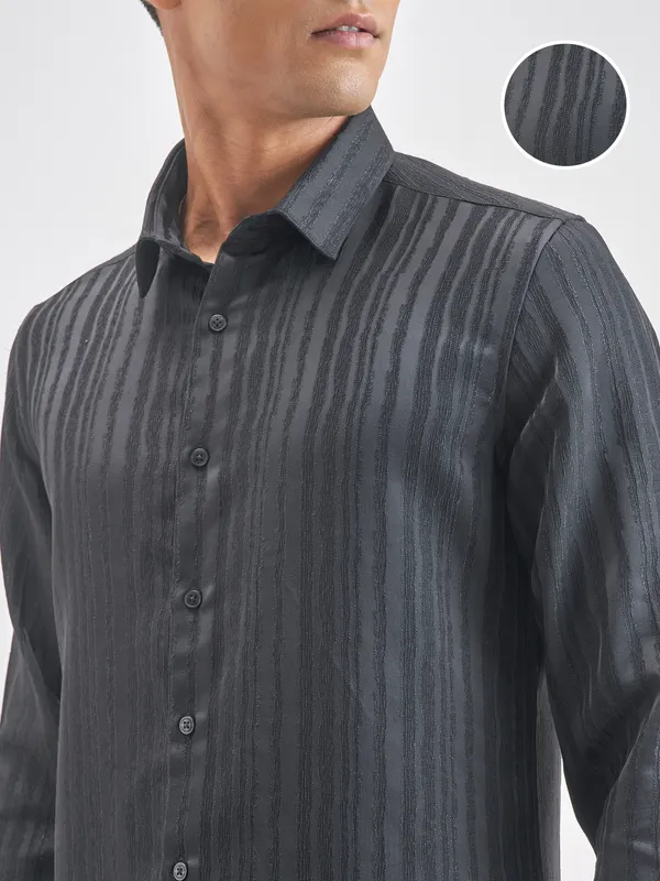 Highlander Men Black Self Design Slim Fit Casual Shirt