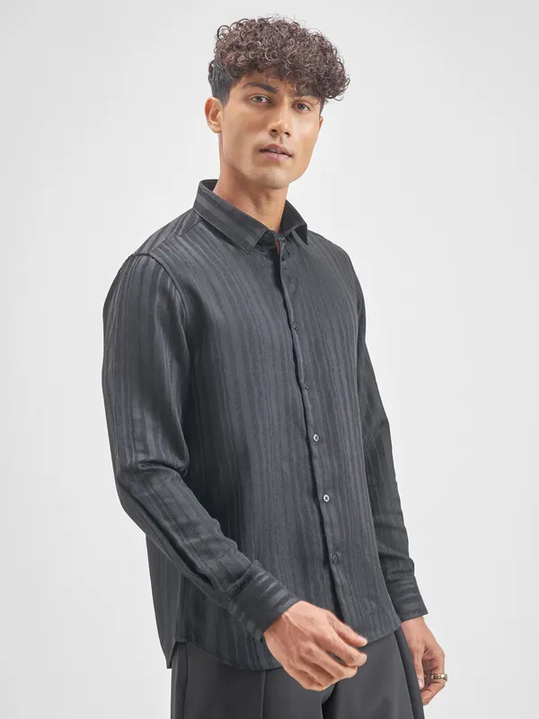 Highlander Men Black Self Design Slim Fit Casual Shirt