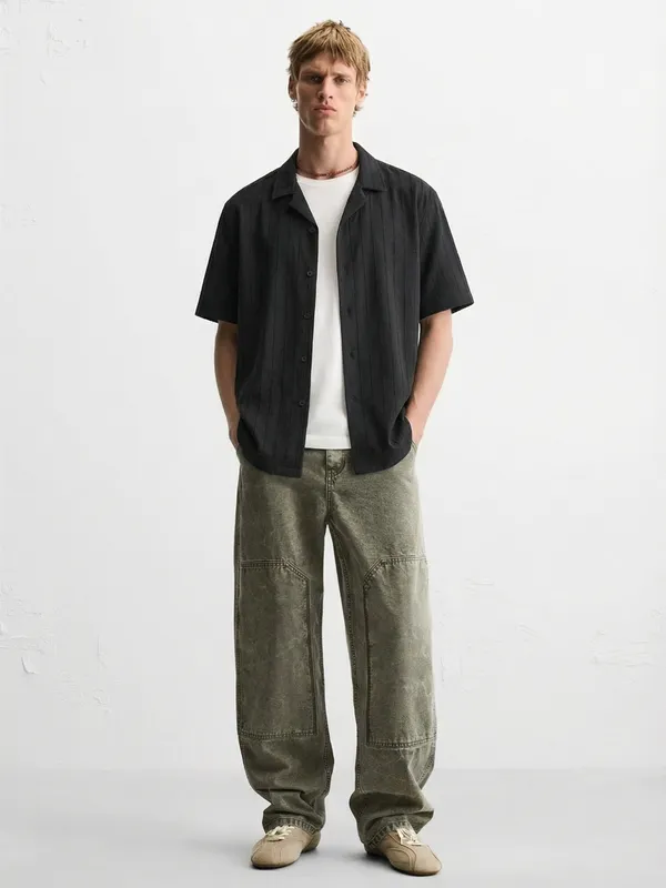 Highlander Men Black Self Design Relaxed Fit Casual Shirt