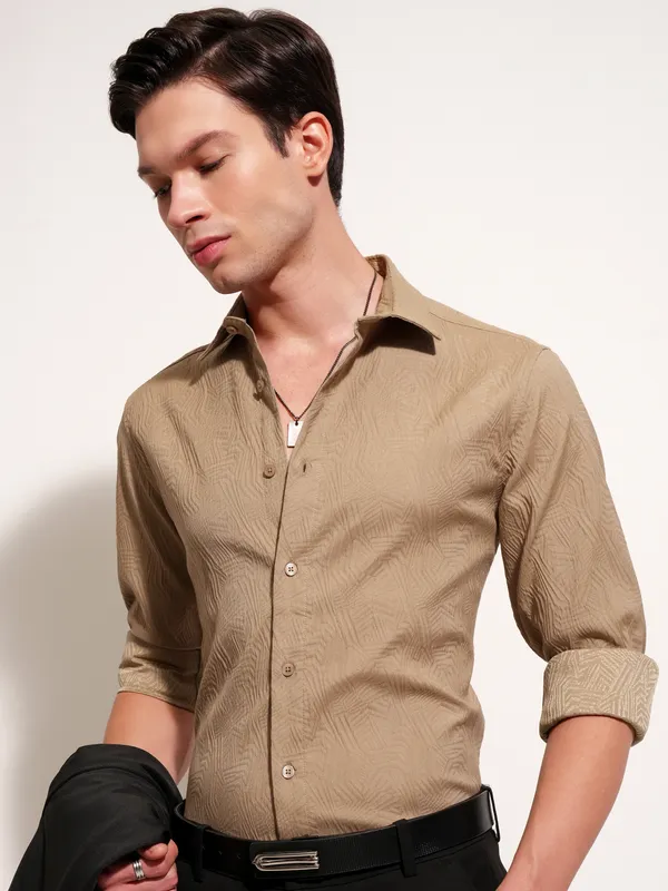 Highlander Men Khaki Self Design Slim Fit Casual Shirt