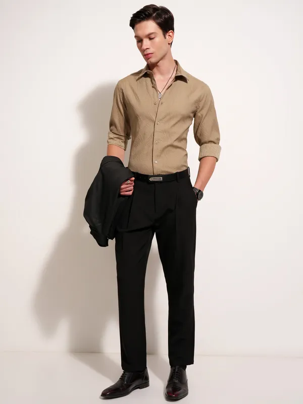 Highlander Men Khaki Self Design Slim Fit Casual Shirt