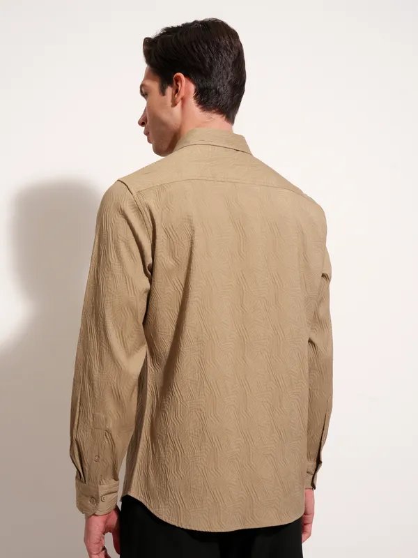Highlander Men Khaki Self Design Slim Fit Casual Shirt