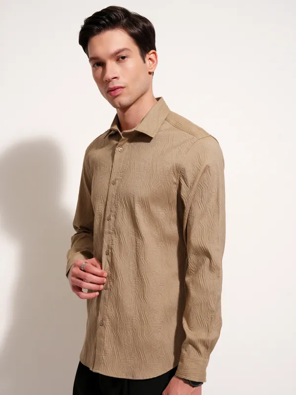 Highlander Men Khaki Self Design Slim Fit Casual Shirt