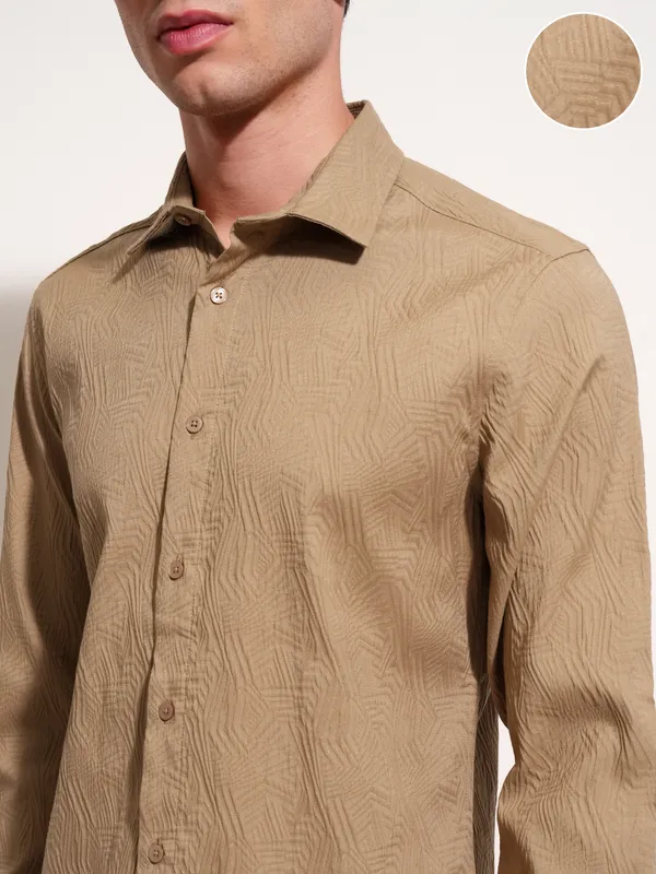 Highlander Men Khaki Self Design Slim Fit Casual Shirt