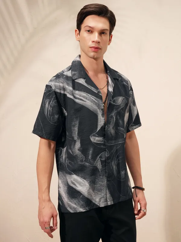 Highlander Men Black Printed Relaxed Fit Casual Shirt