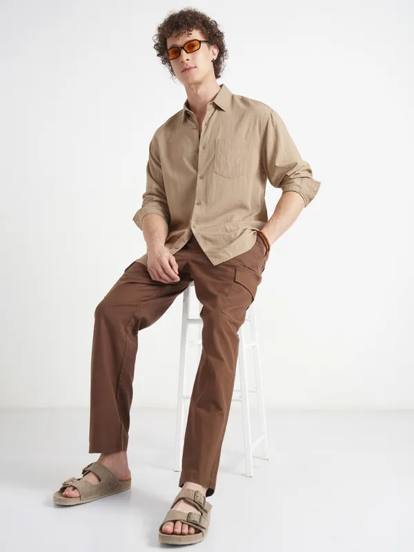 Highlander Men Khaki Self Design Relaxed Fit Casual Shirt