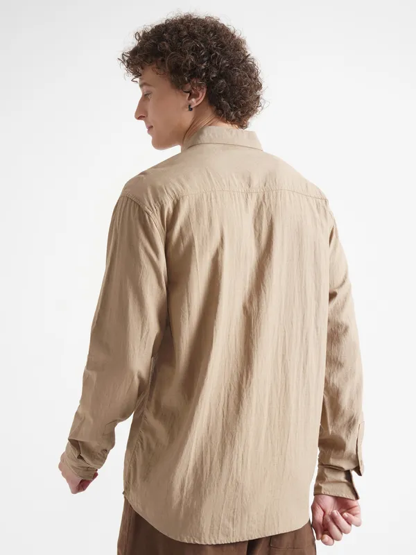 Highlander Men Khaki Self Design Relaxed Fit Casual Shirt