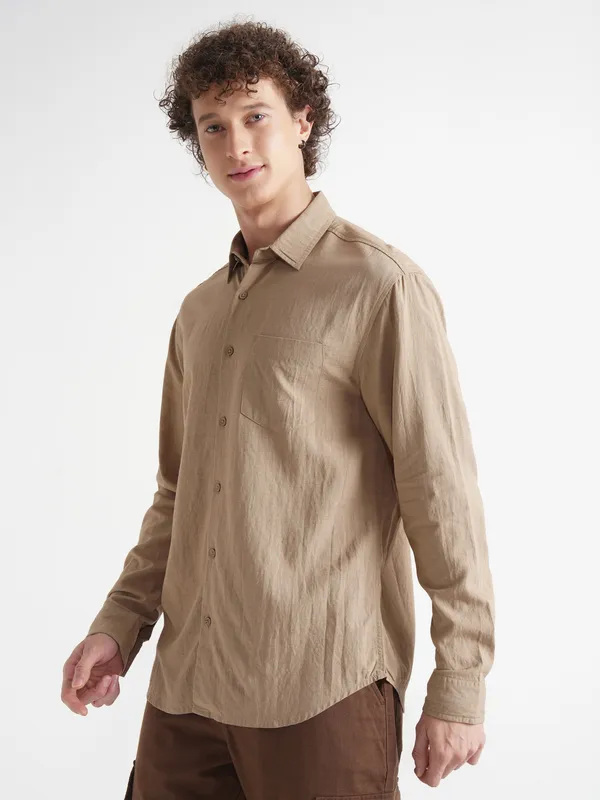 Highlander Men Khaki Self Design Relaxed Fit Casual Shirt