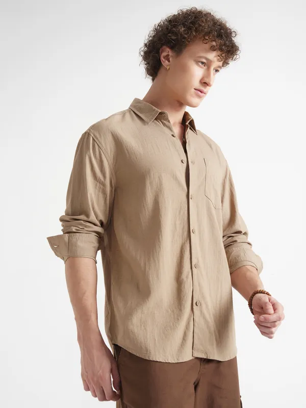 Highlander Men Khaki Self Design Relaxed Fit Casual Shirt
