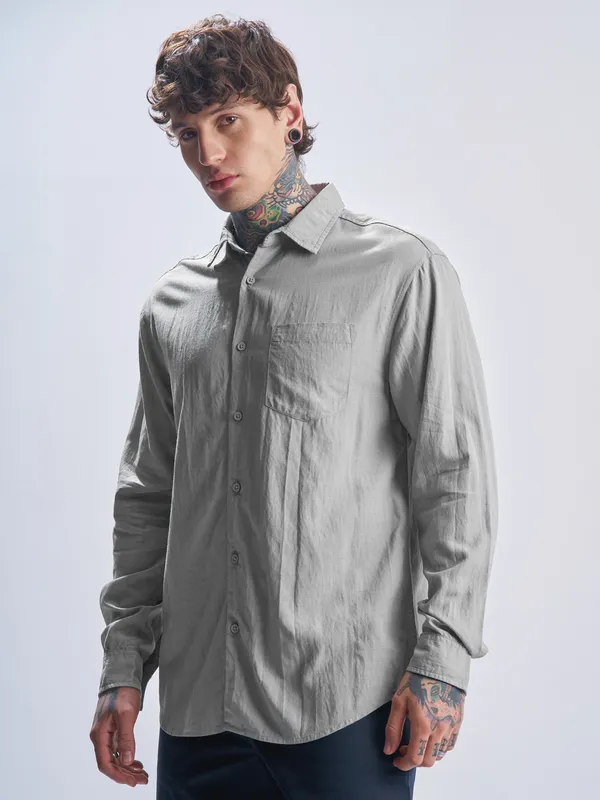 Highlander Men Grey Self Design Relaxed Fit Casual Shirt