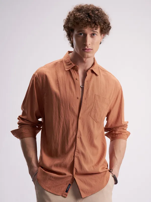Highlander Men Rust Self Design Relaxed Fit Casual Shirt