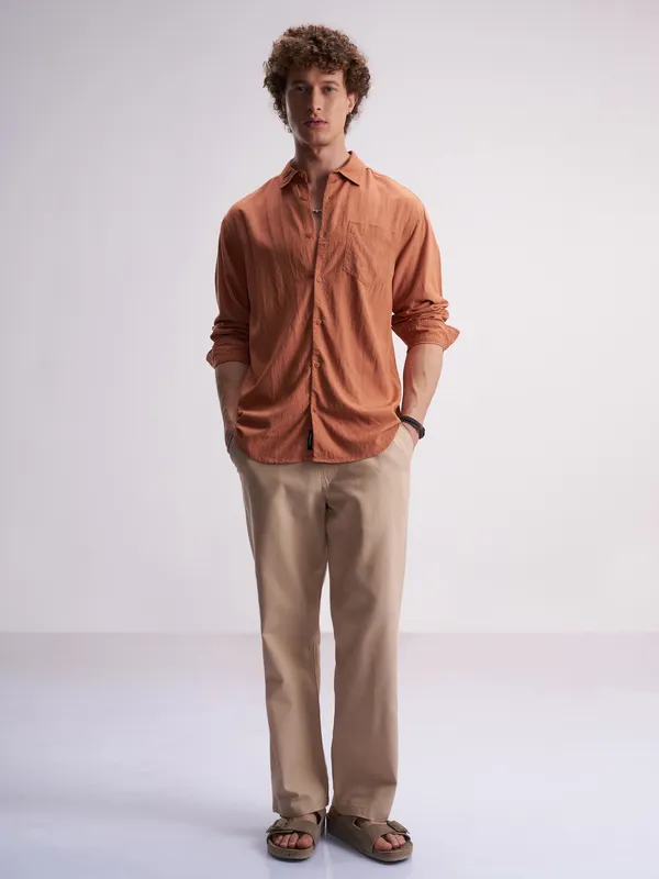 Highlander Men Rust Self Design Relaxed Fit Casual Shirt