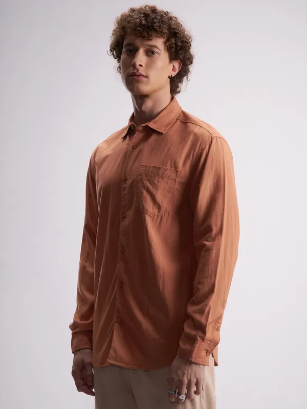 Highlander Men Rust Self Design Relaxed Fit Casual Shirt
