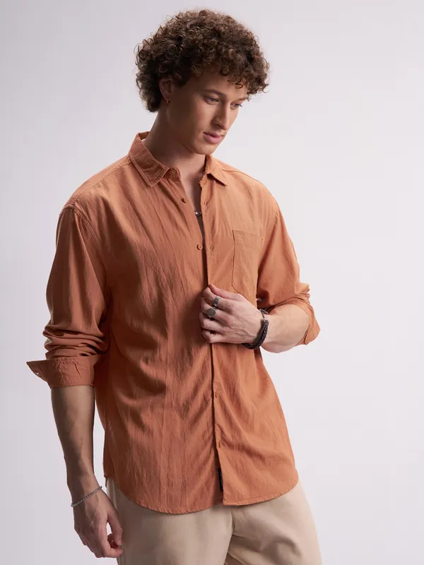 Highlander Men Rust Self Design Relaxed Fit Casual Shirt