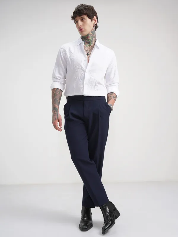 Highlander Men White Self Design Slim Fit Casual Shirt