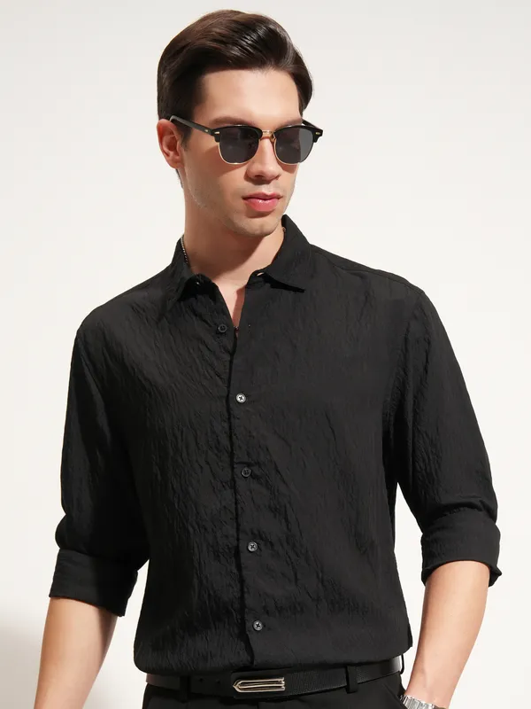 Highlander Men Black Self Design Slim Fit Casual Shirt