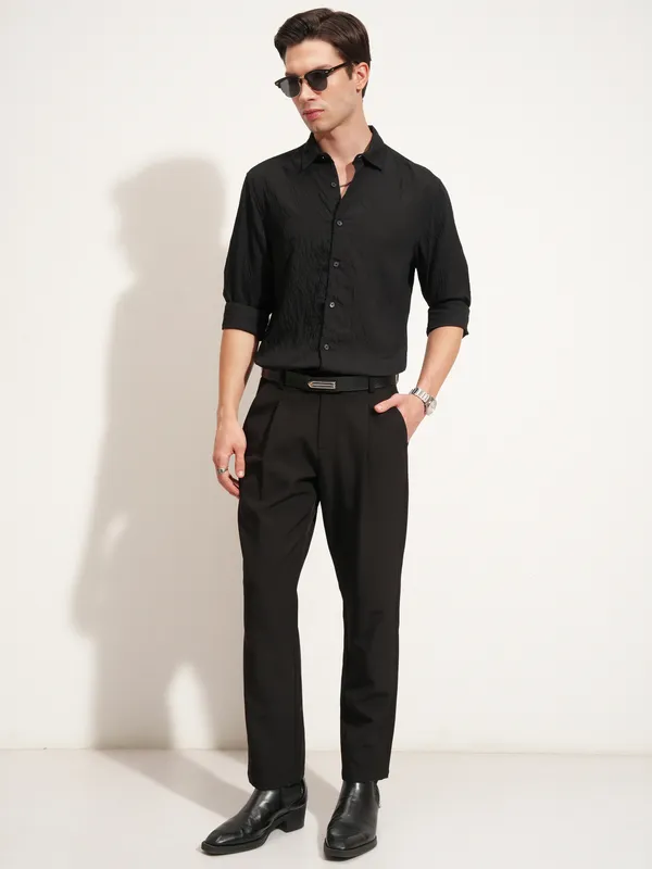 Highlander Men Black Self Design Slim Fit Casual Shirt