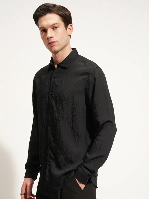 Highlander Men Black Self Design Slim Fit Casual Shirt