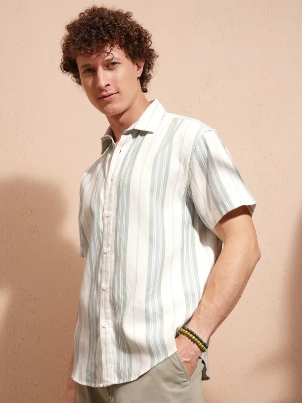 Highlander Men White Striped Relaxed Fit Casual Shirt
