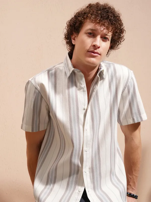 Highlander Men White Striped Relaxed Fit Casual Shirt