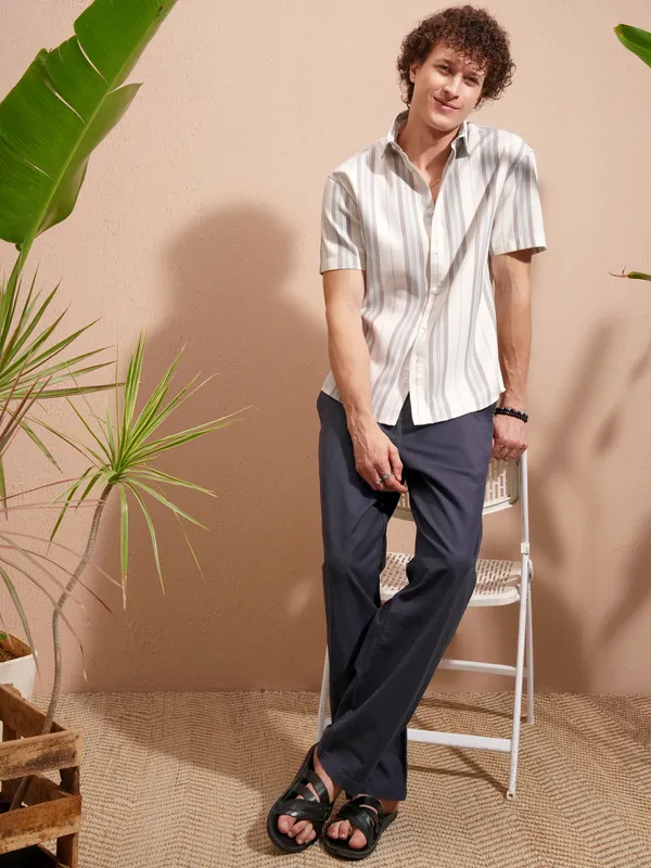 Highlander Men White Striped Relaxed Fit Casual Shirt