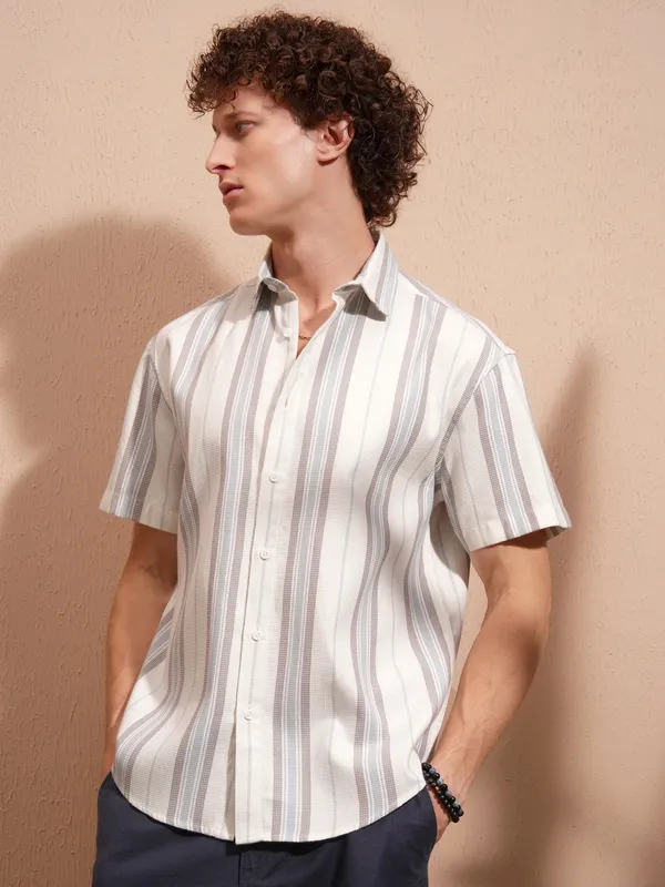 Highlander Men White Striped Relaxed Fit Casual Shirt
