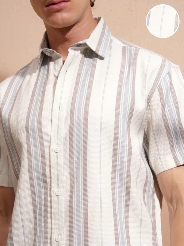 Highlander Men White Striped Relaxed Fit Casual Shirt