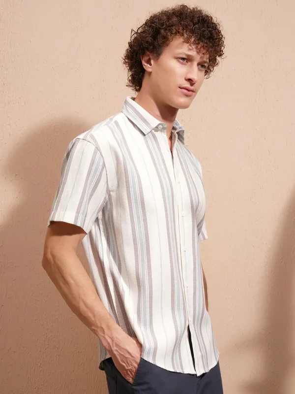 Highlander Men White Striped Relaxed Fit Casual Shirt