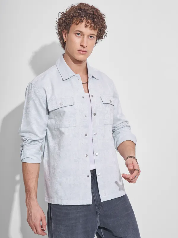 Highlander Men Blue Self Design Relaxed Fit Casual Shirt