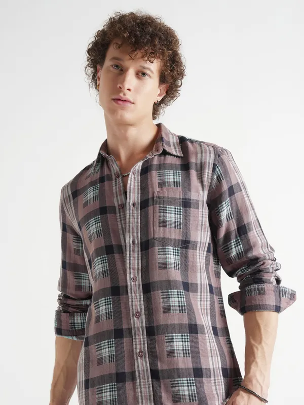 Highlander Men Olive Checked Slim Fit Casual Shirt