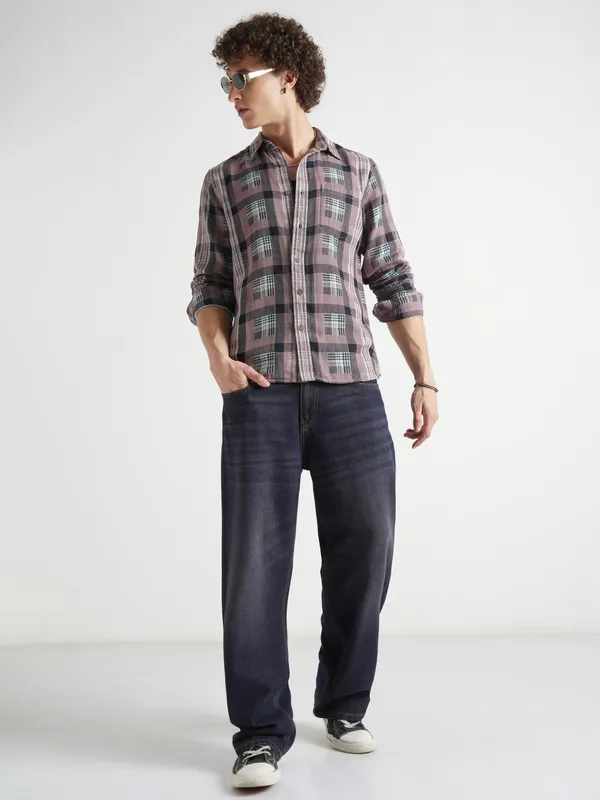 Highlander Men Olive Checked Slim Fit Casual Shirt