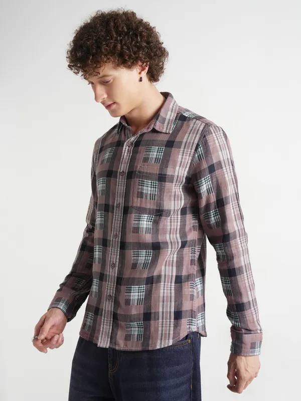 Highlander Men Olive Checked Slim Fit Casual Shirt