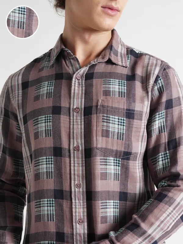 Highlander Men Olive Checked Slim Fit Casual Shirt