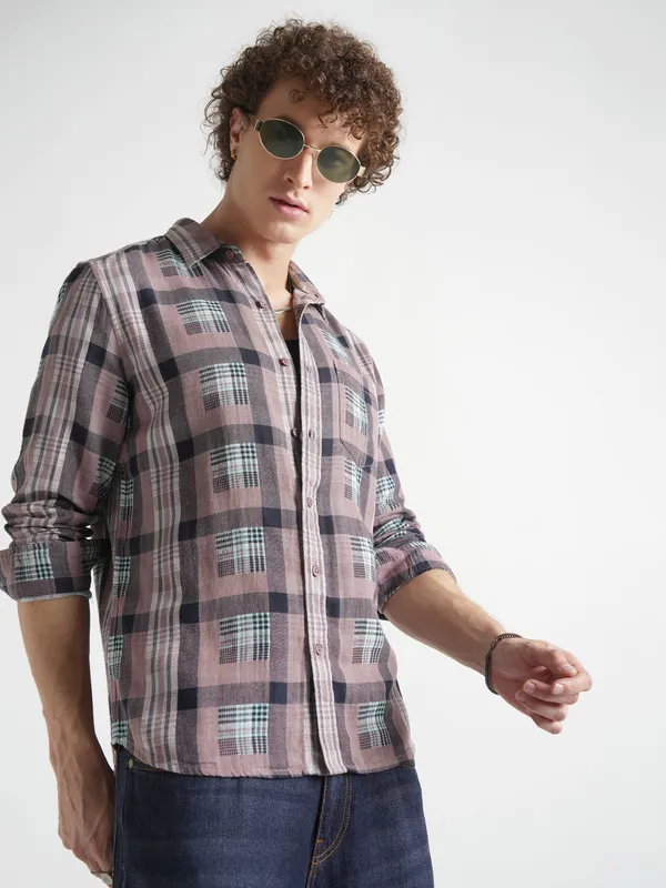 Highlander Men Olive Checked Slim Fit Casual Shirt